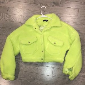 Neon green teddy cropped jacket